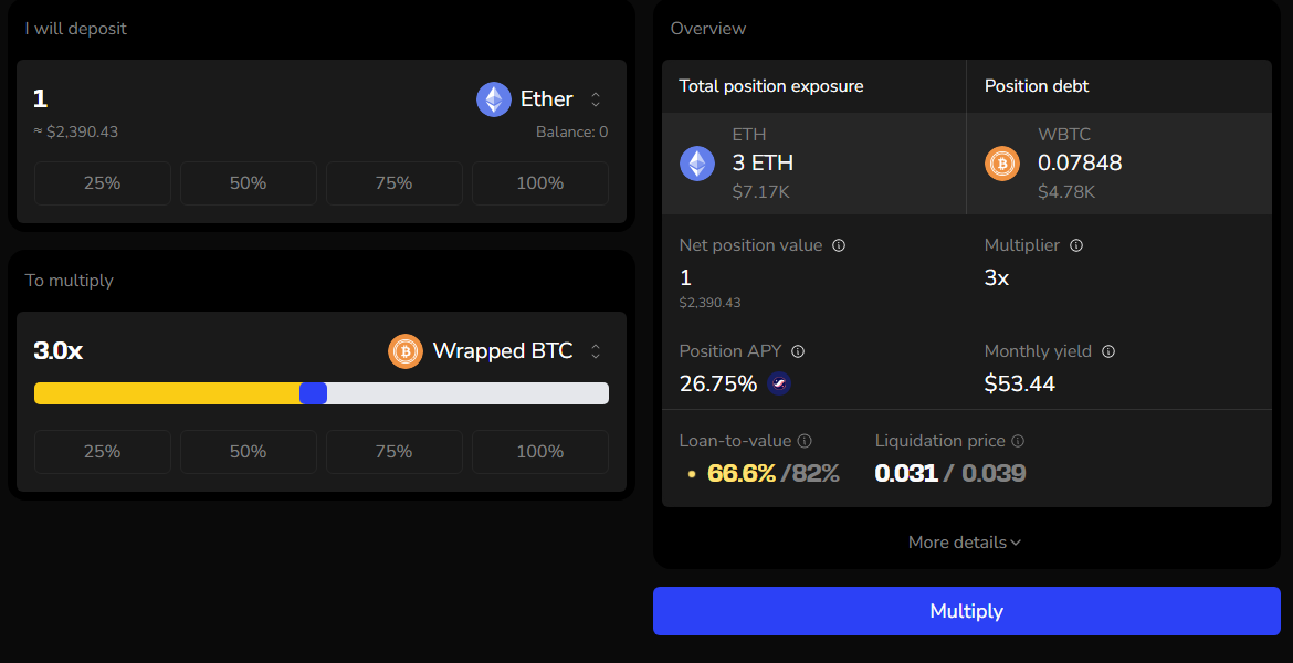 ETH as collateral, wBTC as debt