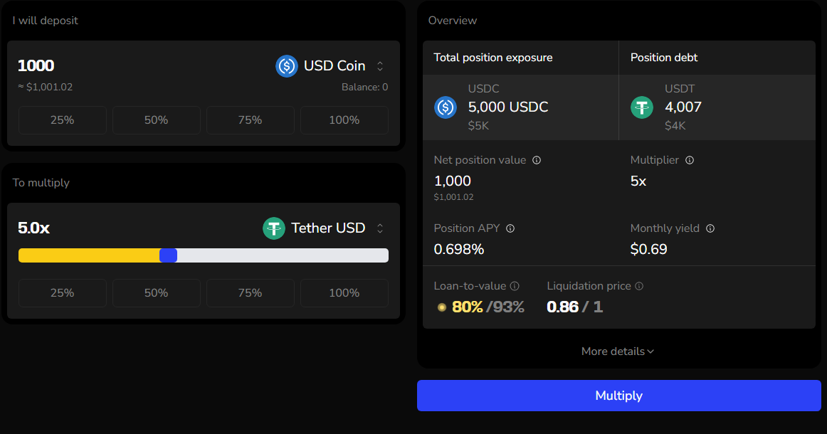 USDC as collateral, USDT as debt